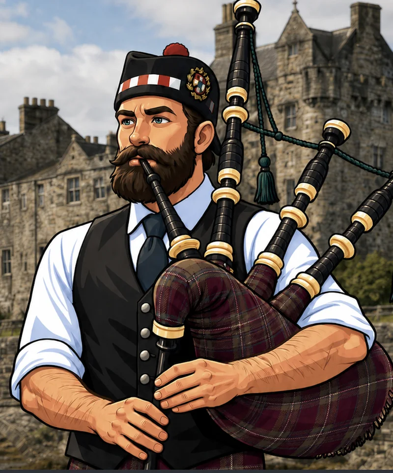 Illustration of a bearded piper in a glengarry cap and waistcoat playing the bagpipes in front of a stone castle