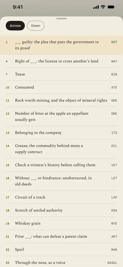 The list of clues for a puzzle