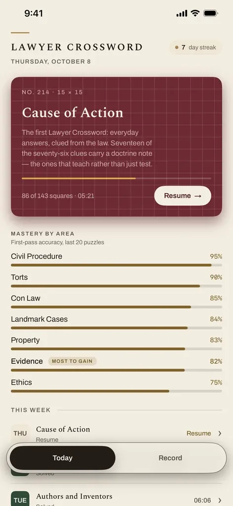 The Today screen of Lawyer Crossword, showing the day's puzzle
